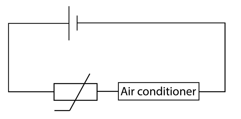 Circuit diagram for air conditioner, where a thermistor will turn on airconditioning unit