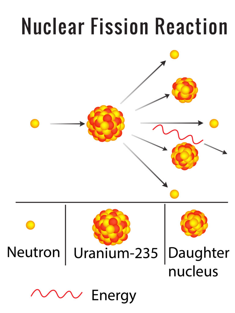 Nuclear fission reaction of uranium 235 forming daughter nuclei, 3 neutrons and releasing energy