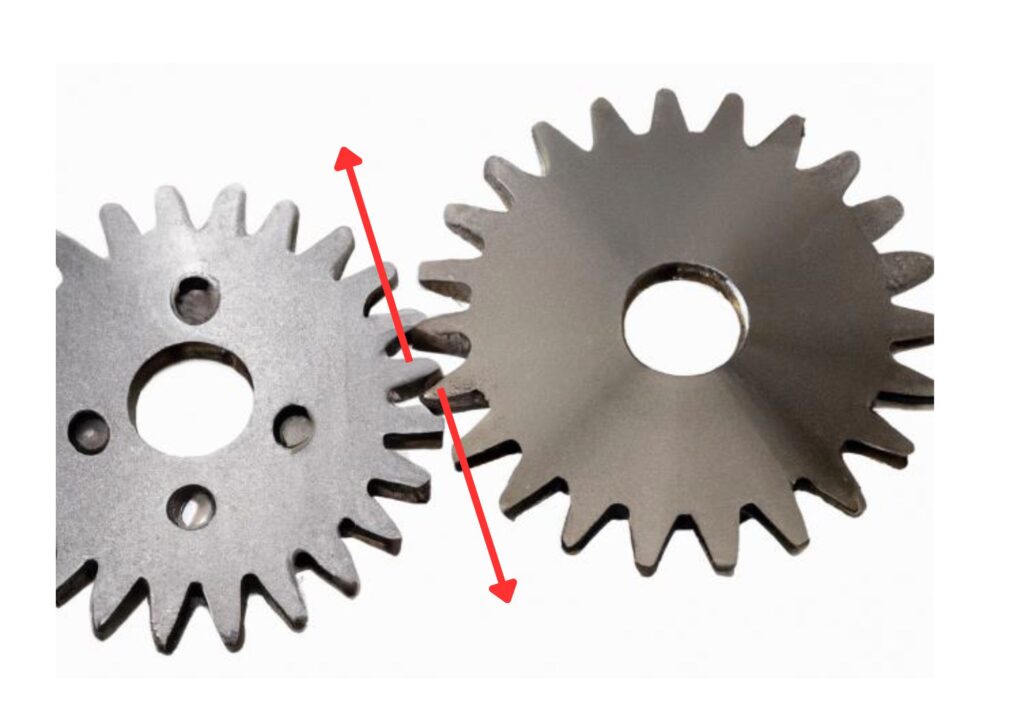 Gear cogs exerting equal an opposite forces on each other.