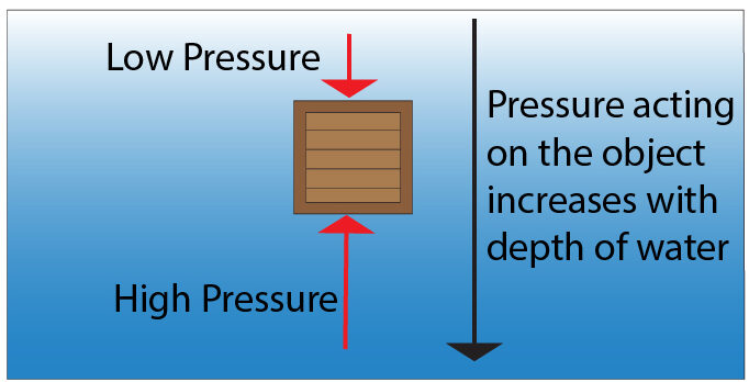 Pressure arrows on box to show how upthrust is formed as a force