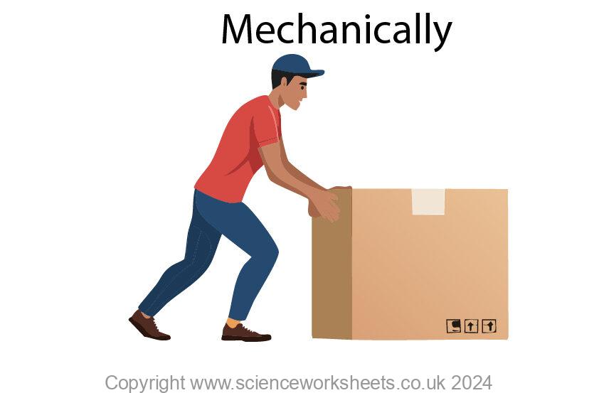 Man exerting a force on a box to push the box, so energy is being transferred mechanically