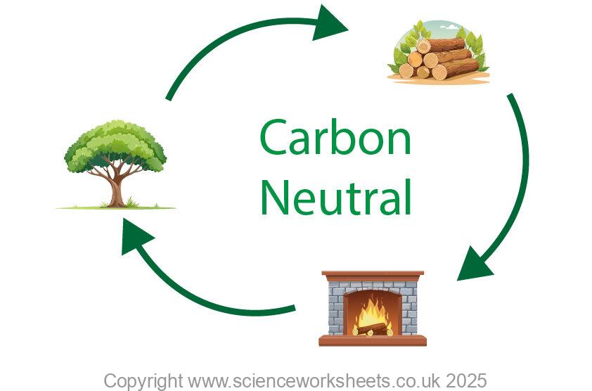 Carbon neutral showing trees taking in carbon dioxide, then being cut up for logs, then burnt