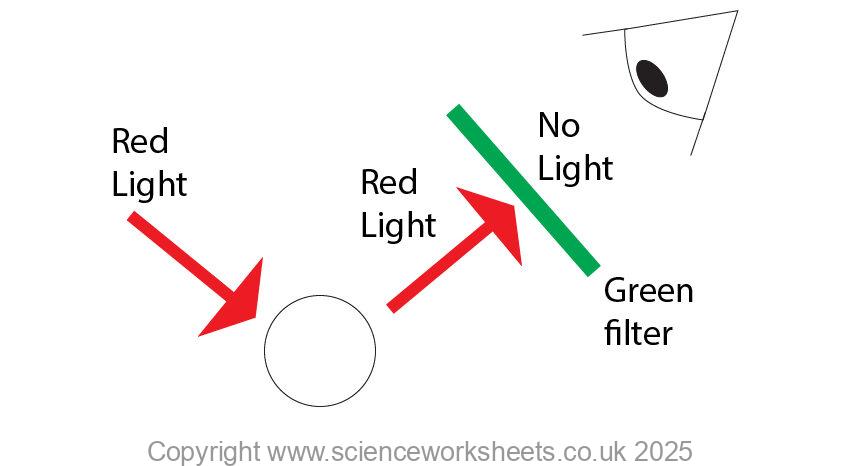 Red light shining onto a white ball, which reflects red light. The red light strikes a green filter and is absorbed