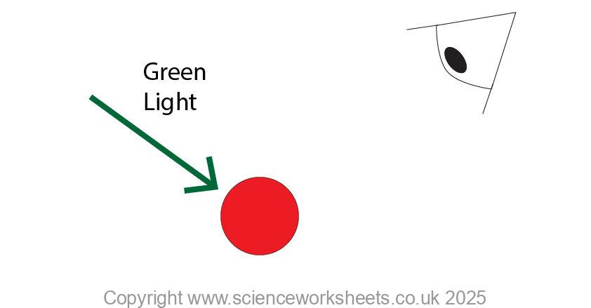 A red ball with green light shining onto it. The red ball absorbs all of the green wavelengths of light and does not reflect any light. So, it appears black
