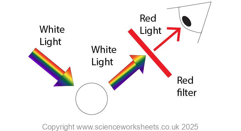 White light shining onto a white ball, which is reflected as white light, then white light passes through a red filter before entering the persons eye as red light