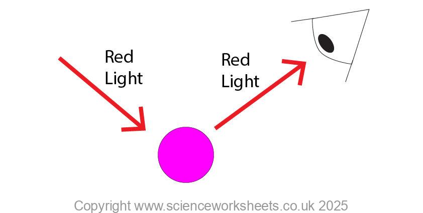 Red light shining onto a magenta ball. The magnenta ball reflects all of the wavlengths of light due to red.
