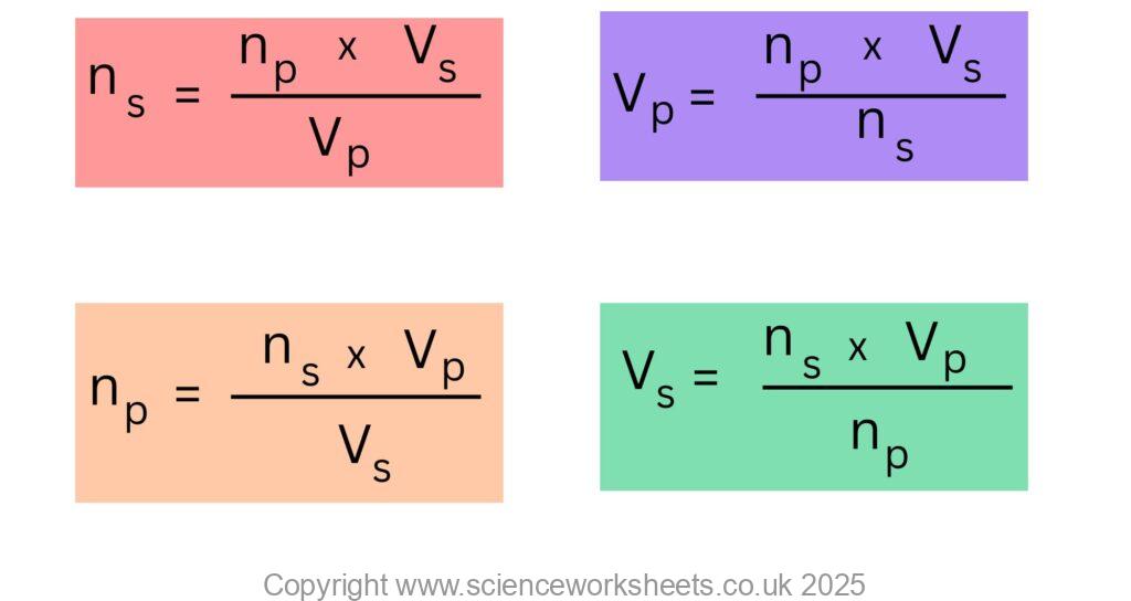 Four rearrangments for transformer equation that links potential difference to number of turns.