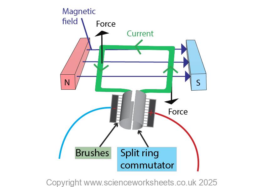 An electric motor with a split ring commutator, brushes