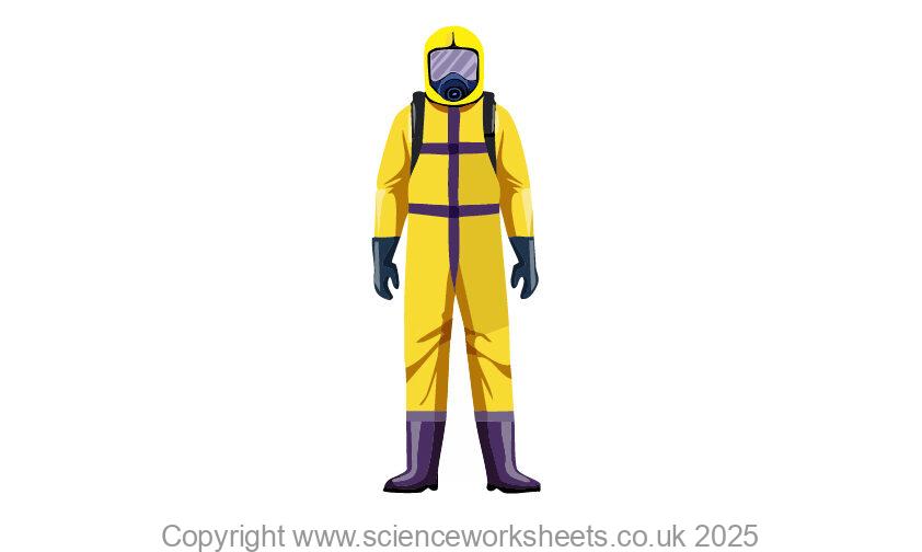 Man in full length radiation suit