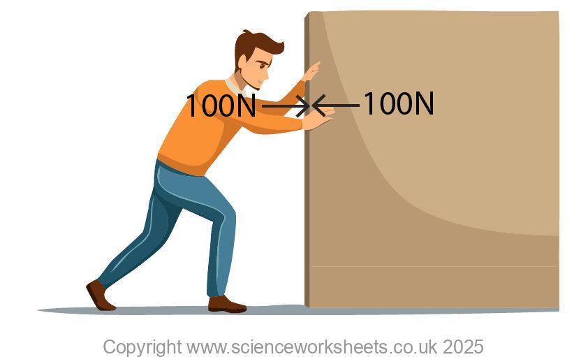Man pushing a wall with a 100N force, in response the wall exerts a 100N force back